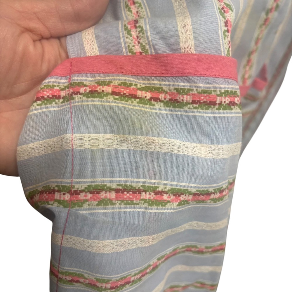 Vintage Blue Pink Floral Stripe Sleeveless Apron Dress Tie Back Pockets Retro - Picture 6 of 9